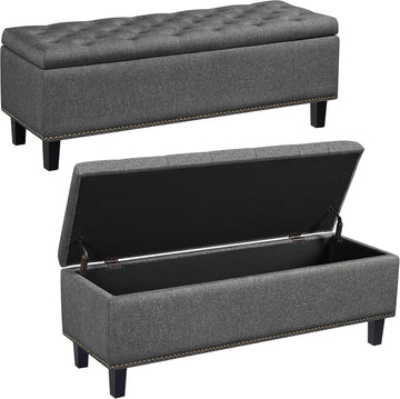 49in Square Storage Ottoman Coffee Table with Nailhead, Dark Gray | Button-Tufted Linen-Look Fabric Bench, 3.5C