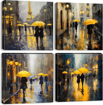 Abstract Paris Wall Art City Pictures Rainy Street Landscape Paintings Canvas Prints Yellow and Grey Wall Decor