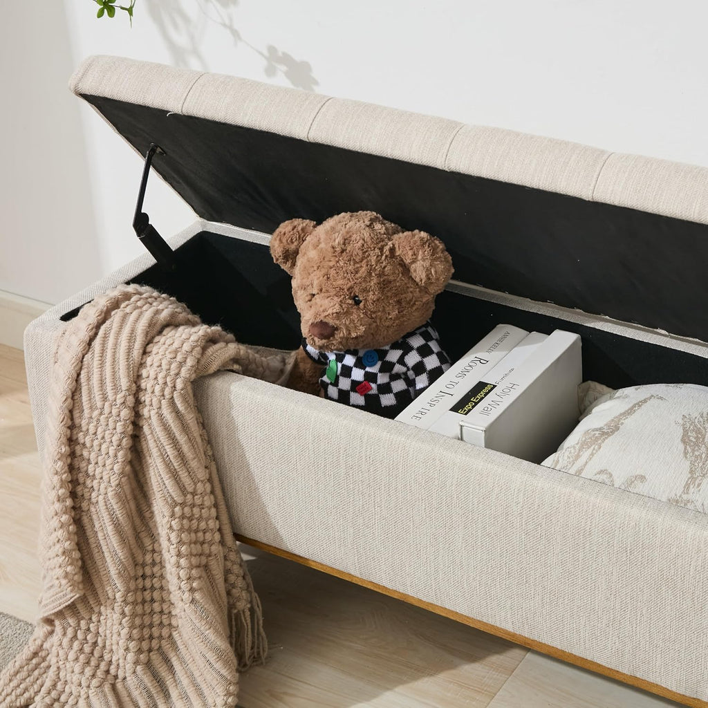 Storage Ottoman Bench, 45" End of Bed Bench, Beige | Hidden Storage Space, Linen Upholstery, Padded Cushion Top