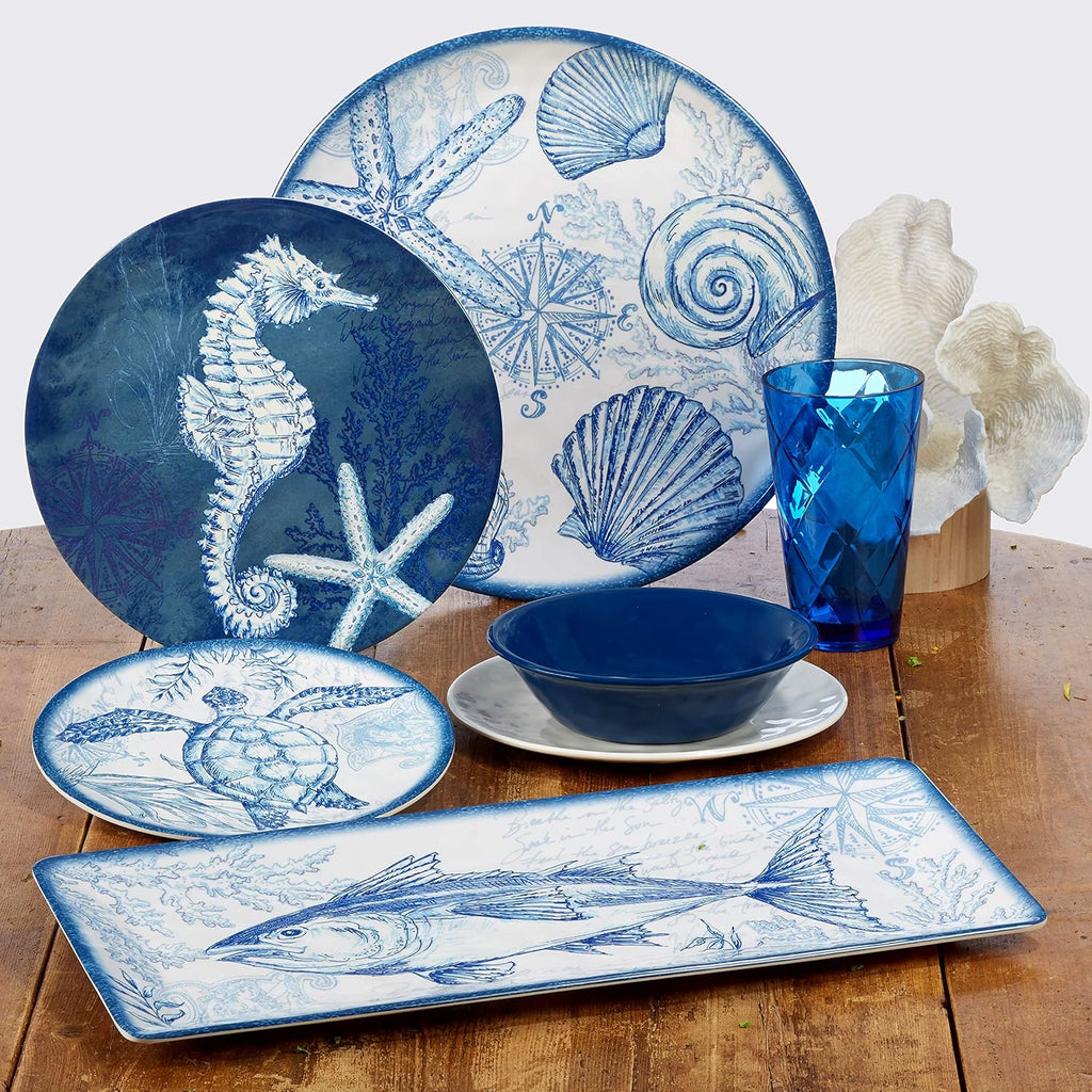 Oceanic 3-Piece Melamine Hostess Set - Includes Chip & Dip Server, 3-Section Relish Tray, and Rectangular Fish