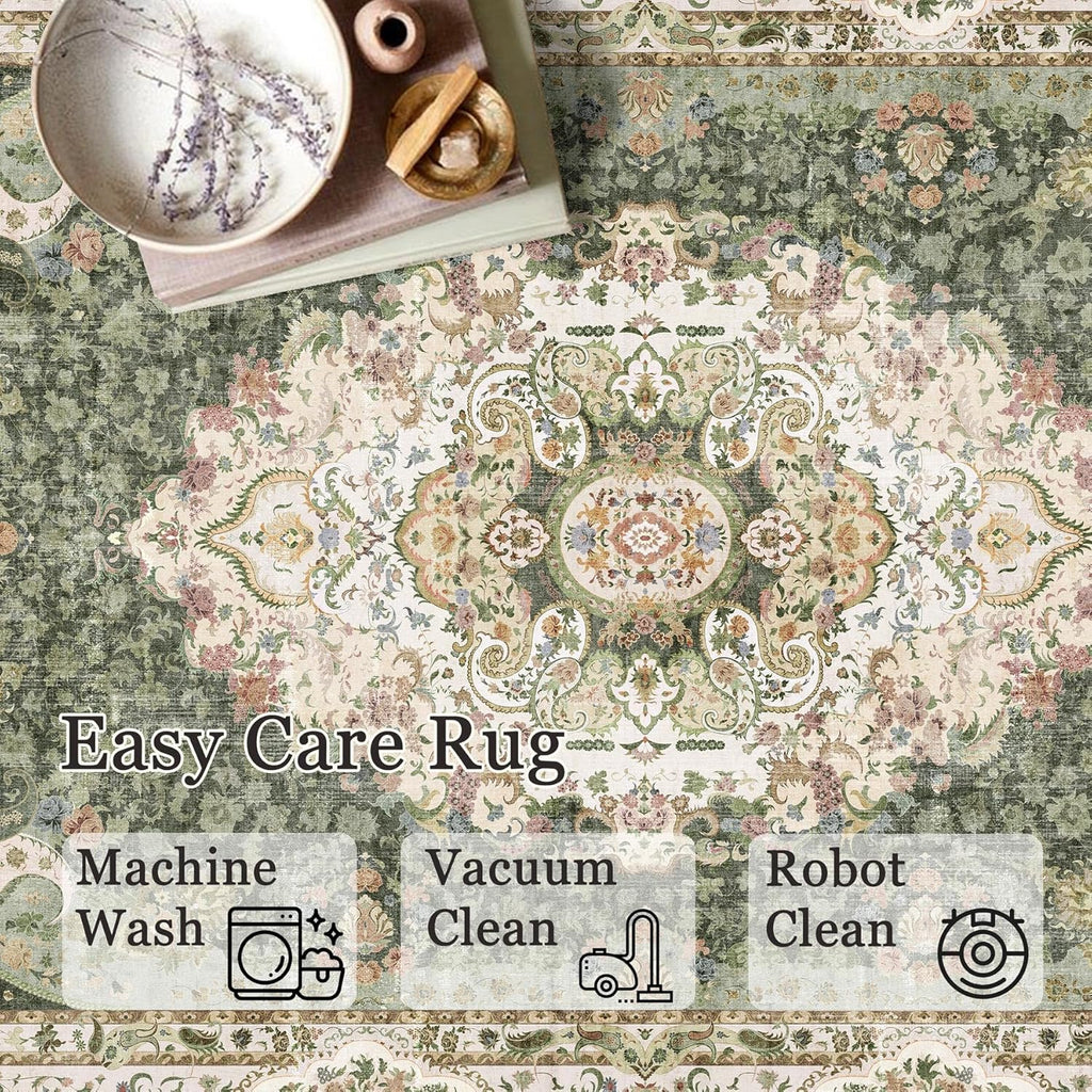 Green Round Rug 6ft,Large Circle Area Rugs for Bedroom Living Room Dining Room,Washable Boho Vintage
