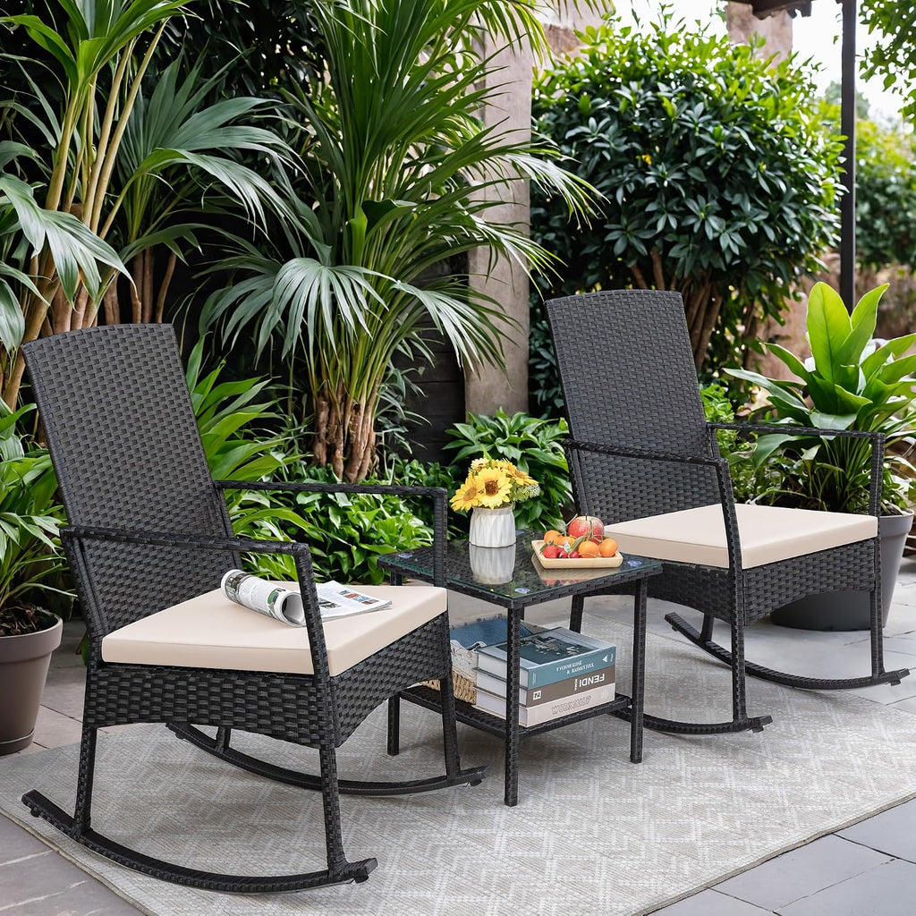 3 Pieces Patio Furniture Set Outdoor Wicker Rocking Chairs,Beige | With Glass Coffee Table for Garden Backyard Porch