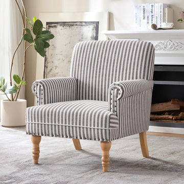 Linen Fabric Accent Chair, Mid-Century Modern Upholstered Armchair with Solid Wood Legs, Comfy Reading Club Chair