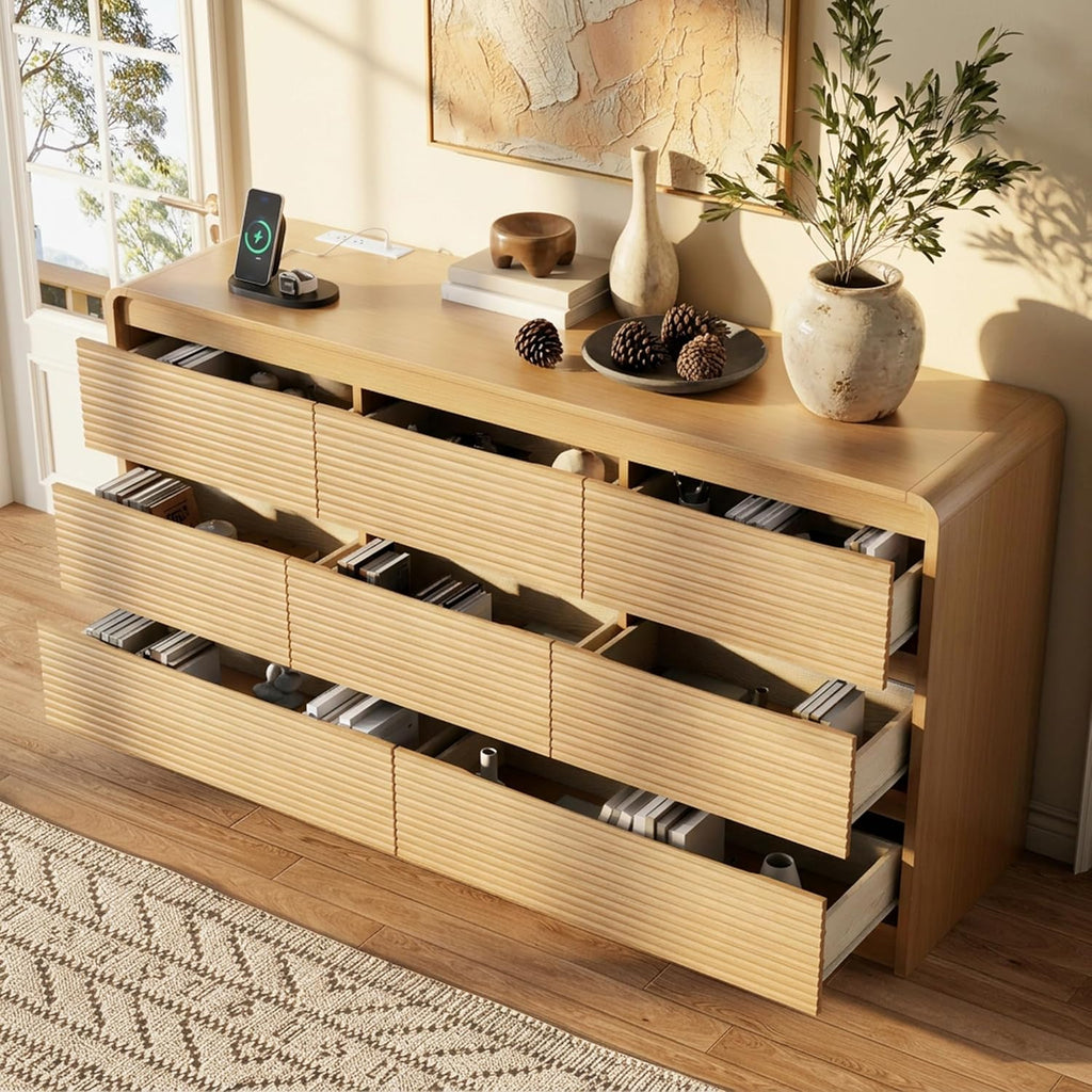 8 Drawer Dresser , 55.12" Chest of Drawers with Charging Station, Long Wood Dresser with Fluted Design & Curved