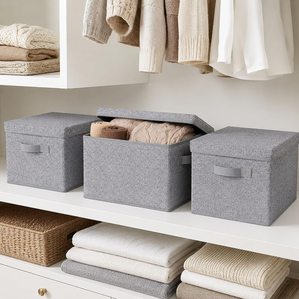 Foldable Storage Bins with Lids, Storage Boxes with Handles, Closet Shelf Organizer, Fabric Storage Baskets