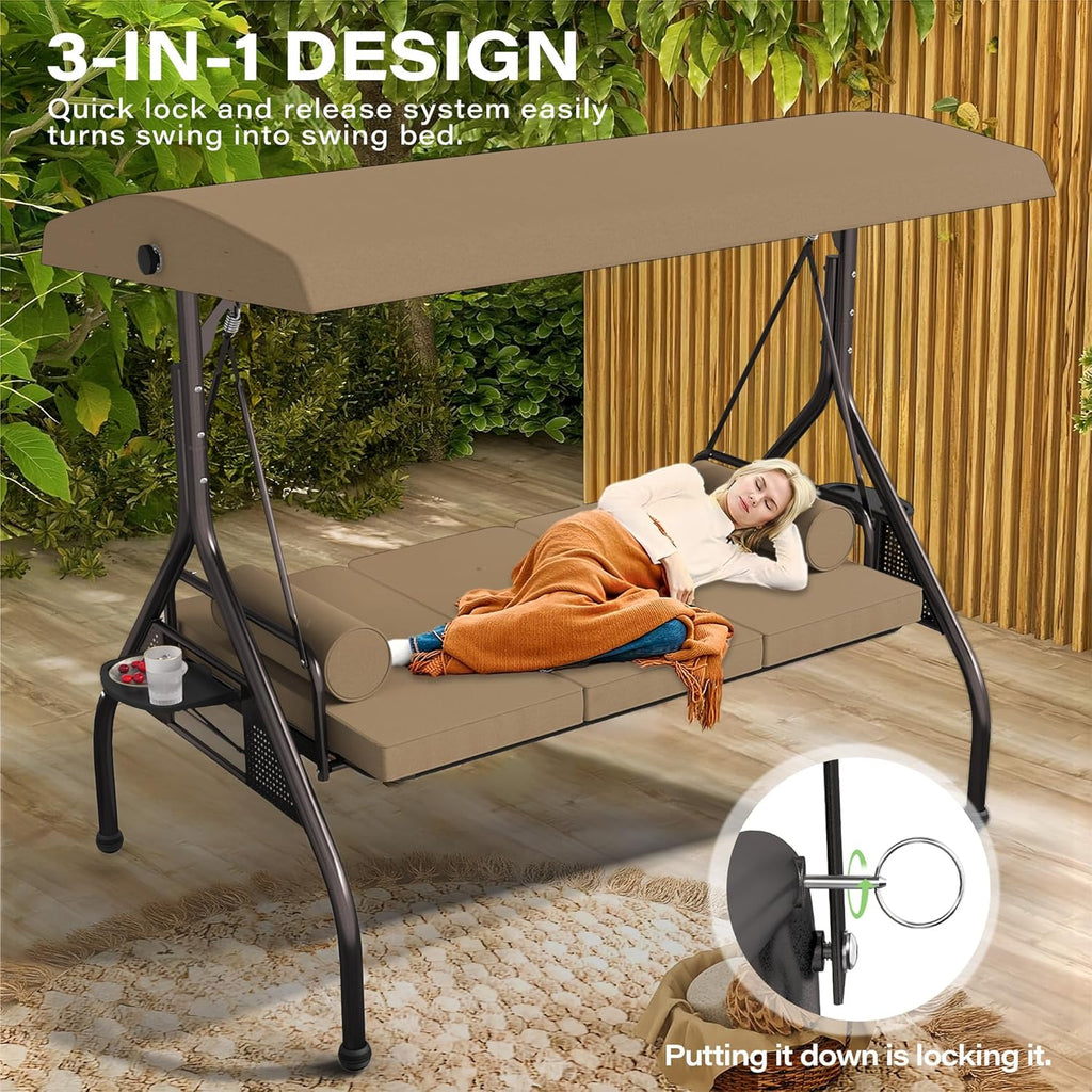Outdoor 3 in 1 Porch Swing Chair, 3 Seat Patio Swing Glider with Adjustable Canopy, Heavy Duty Swings with Thickened