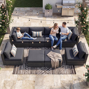 8 Seater Modern Luxury Outdoor Furniture Set, Extra Large PE Wicker Patio Modular Sectional Sofa with Ottoman, 29.3''