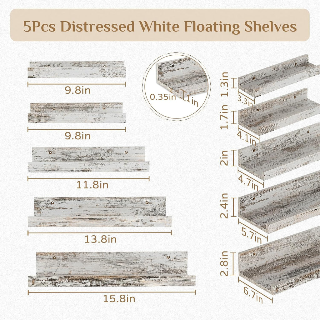 Rustic Shelves Wall-Mounted Distressed White - Farmhouse Wall Shelves 15.8 inch Wood Wall Decor Decorative Small
