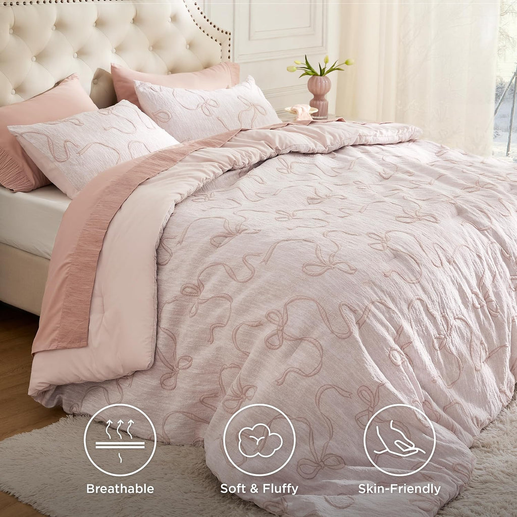 Pink King Comforter Set, GentleSoftTM 3 Pieces Breathable Bow Comforter Set Women with 2 Pillow Shams, Cute King - Set of 3
