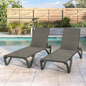 Pool Lounge Chairs Set of 2, Wicker Adjustable Outdoor Chaise Lounge with Wheels, All Weather Poolside Chairs for