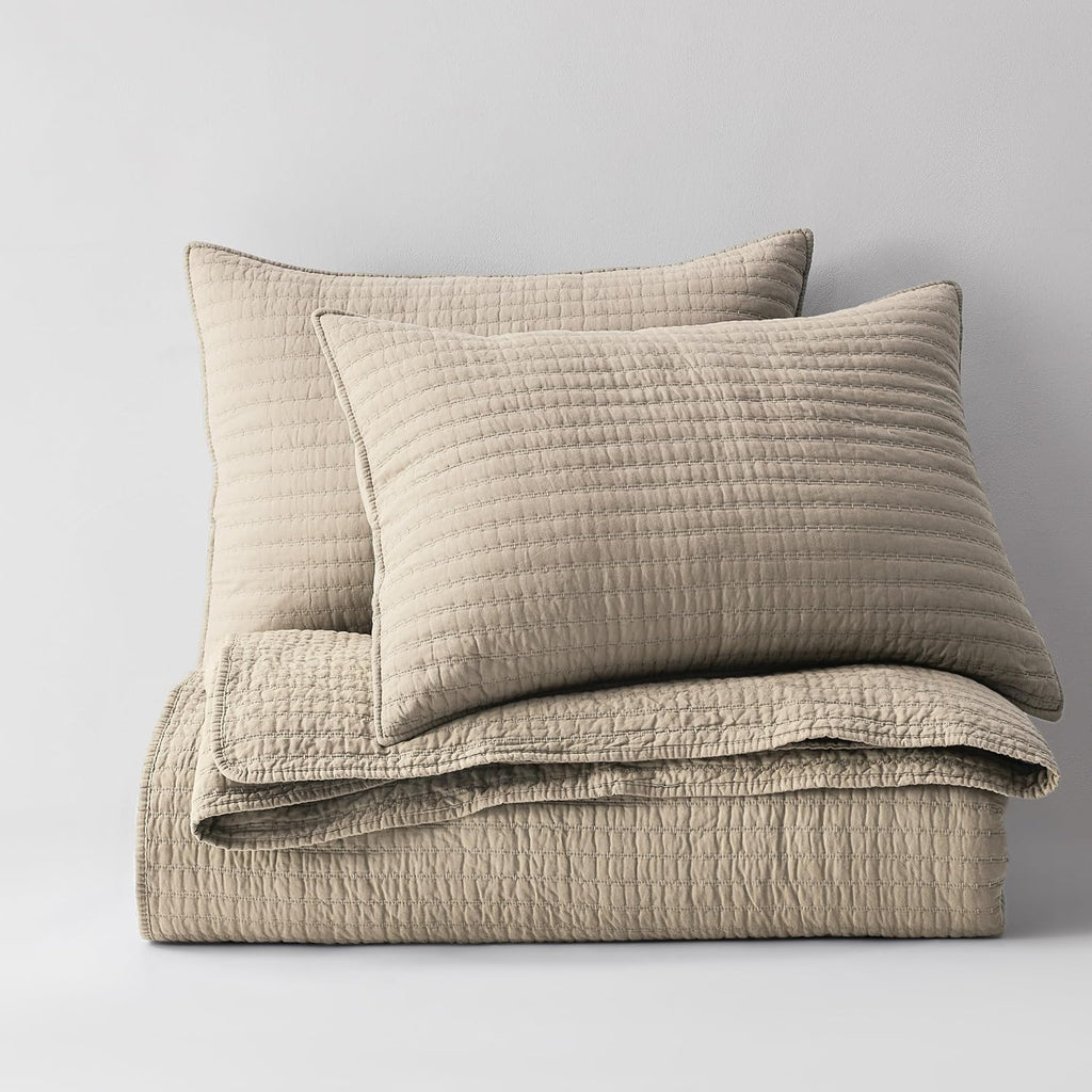 100% Cotton Quilt Set - Beige Neutral Striped Pick Stitch Soft Lightweight Bedspread, Textured Like Linen