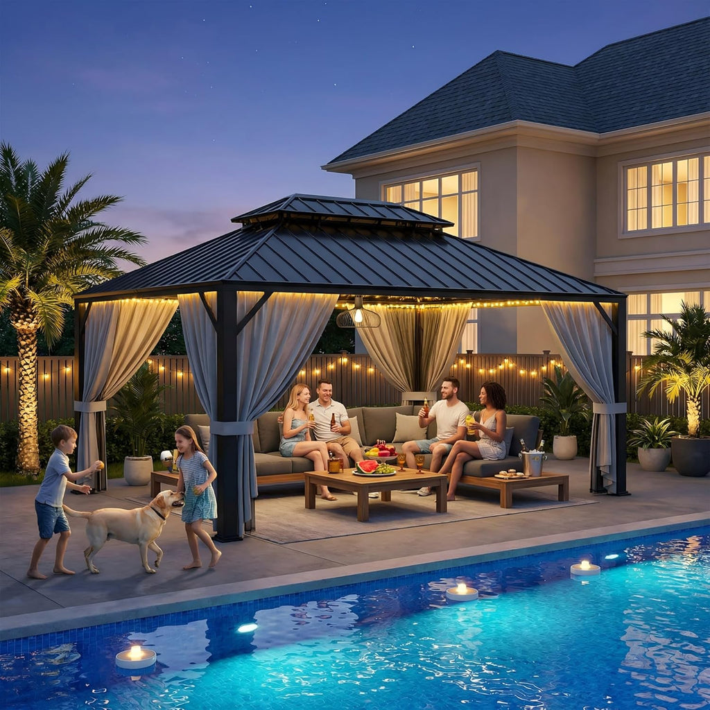 16'x12' Hardtop Gazebo, Update Aluminum Frame Gazebo with Galvanized Steel Double Roof