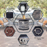 32-Inch Outdoor Porcelain Tile Gas Fire Table, 50,000 BTU Round Propane Fire Pit Table, Concrete Composite Firepit Base with Lid and Rocks
