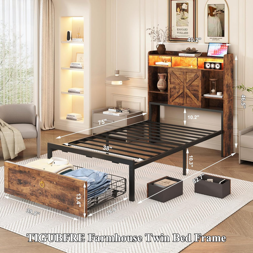Twin Bed Frame with Storage Headboard and Drawers, Farmhouse Platform Bed Frame with Charging Station & LED Lights