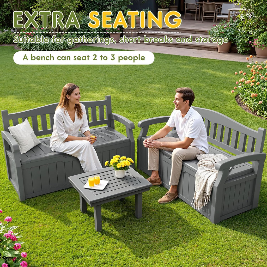 80 Gallon Storage Bench Outdoor Deck Box with Armrest, Grey | Patio Furniture,Lockable, Waterproof and UV Resistant