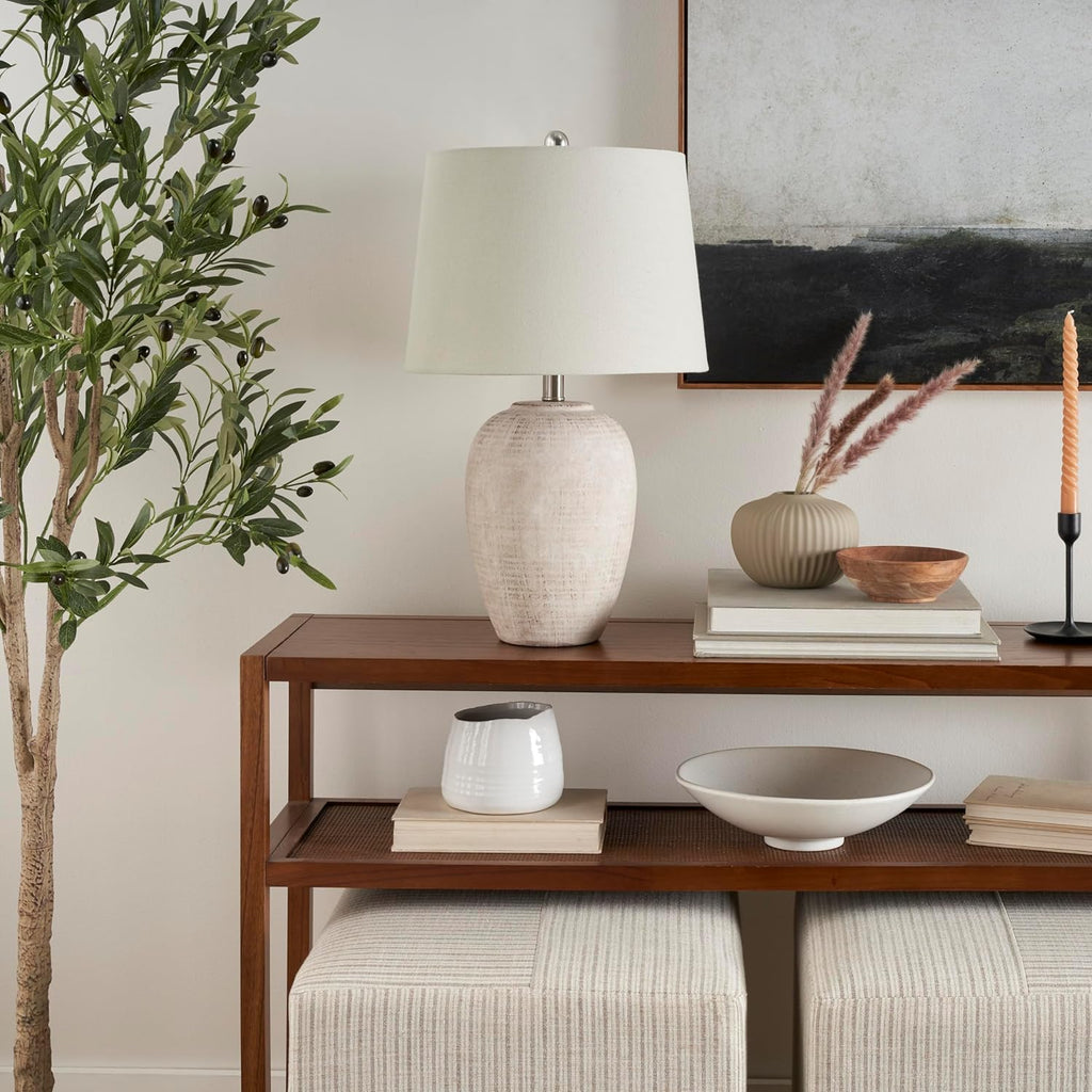 Home 23" Distressed Cream/Beige Rustic Ceramic Jar Table Lamp, Dining Office, with Ivory Shade