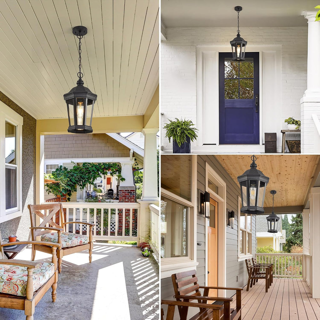 Large Outdoor Pendant Light Fixtures, 17.9" H Black Exterior Hanging Lantern Lights