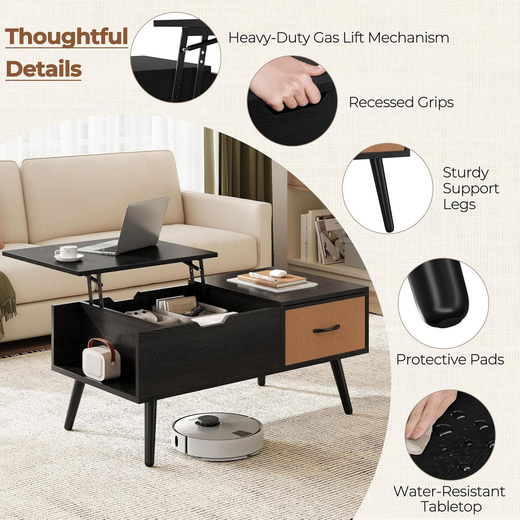 Lift Top Coffee Table, Wooden Small Center Tables with Large Storage Shelf Drawer and Hidden Compartment Modern, Black