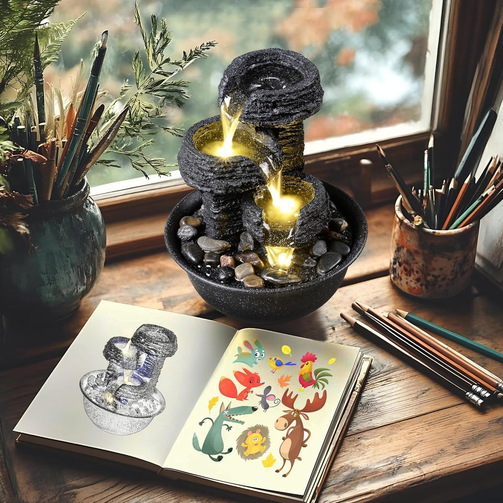 Rock Style Tabletop Fountain with LED Light - Indoor Waterfall Feature or Office Décor, Relaxing Zen Desktop Water
