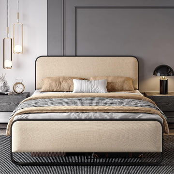 Queen Platform Metal Bed Frame with Curved Upholstered Headboard and Footboard, Large Under Bed Storage