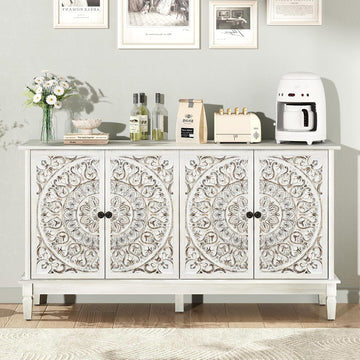 Buffet Cabinet with Storage, Accent Cabinet with 4 Carved Doors, Solid Wood Sideboard with Adjustable Shelf, Vintage