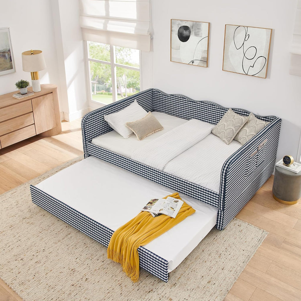 Gingham Daybed with Pop-up Trundle and Side Storage Pockets /Guest Room, Full Size 3-in-1 Convertible Upholstered