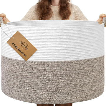 Large Blanket Basket , 21.7" x 13.8" Woven Cotton Rope Laundry Hamper for Pillows, Towels & Toy Storage - Decorative