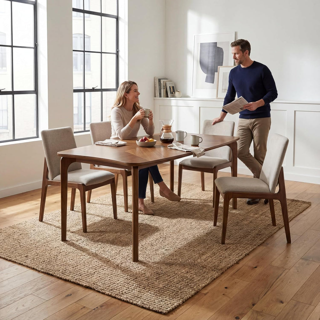 Modern Curved Edge Dining Table, 63" Solid Wood Kitchen Table with Herringbone Pattern Mid-Century Rectangular Dinner