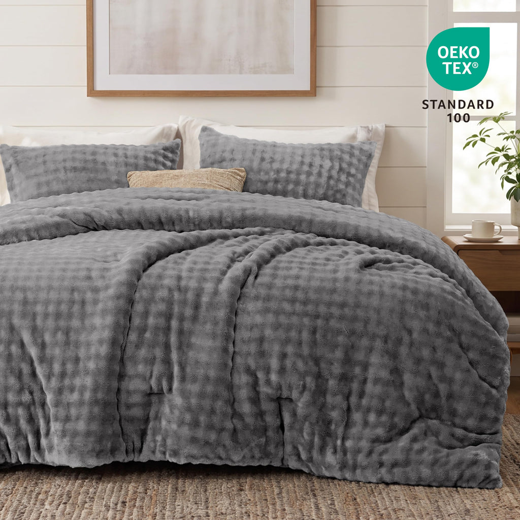 Fluffy Bubble Fleece Comforter Set Dark Grey