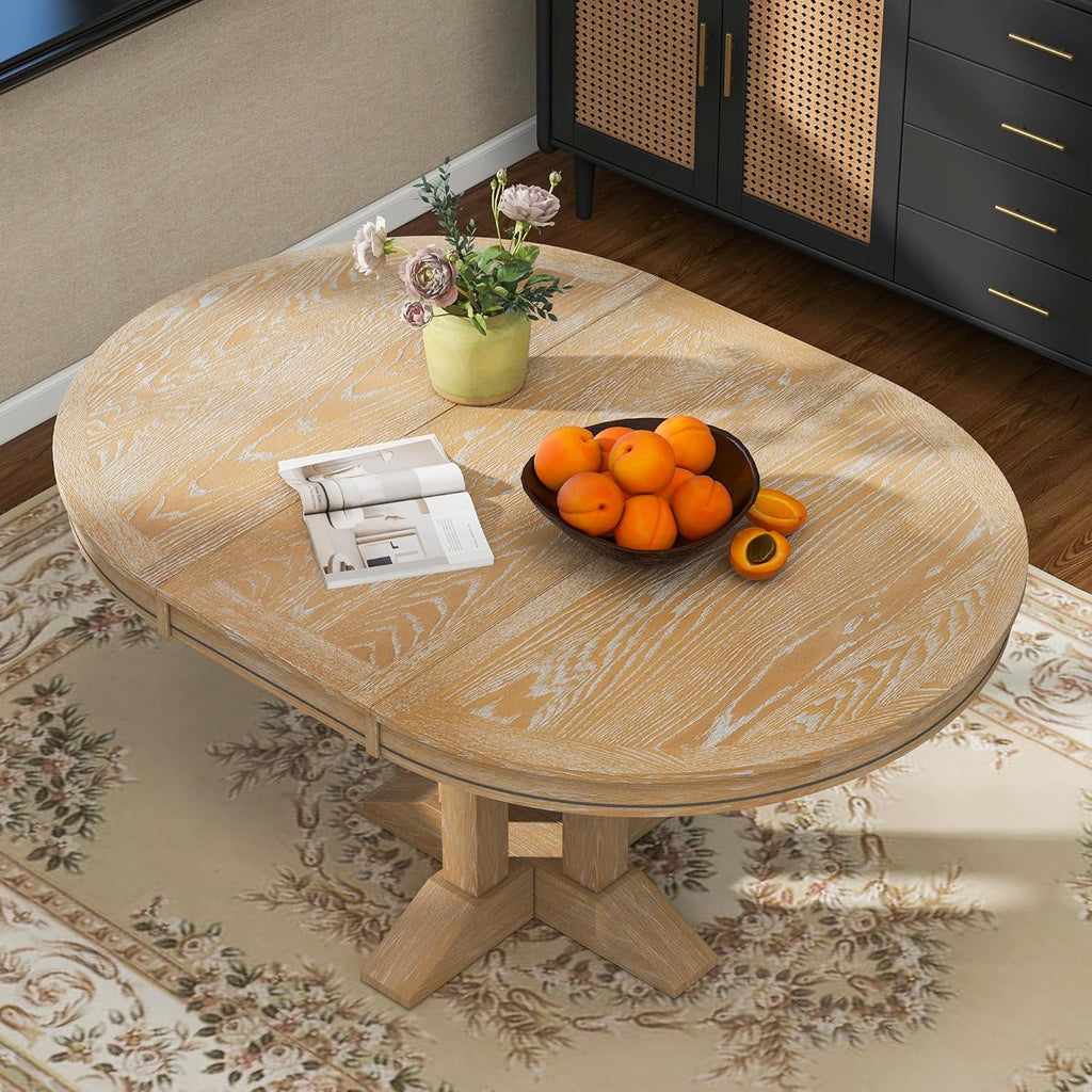 Farmhouse Expandable Round Dining Table, 42 to 56 Inch Vintage Solid Wood Kitchen Table with Removable Oval Leaf