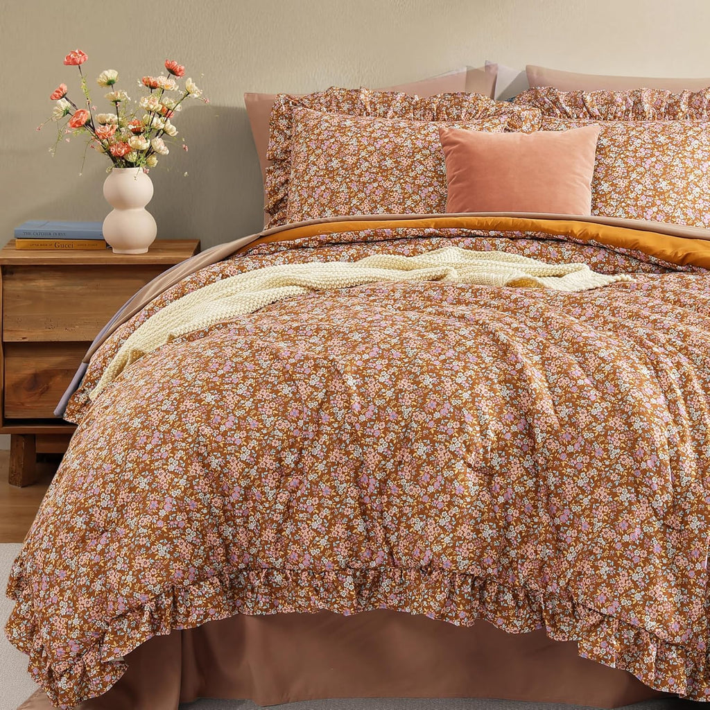 Comforter Set - 7 Pieces Ruffle Brown Bedding Sets, Shabby Chic Farmhouse Bed in a Bag with Ruffle Comforter