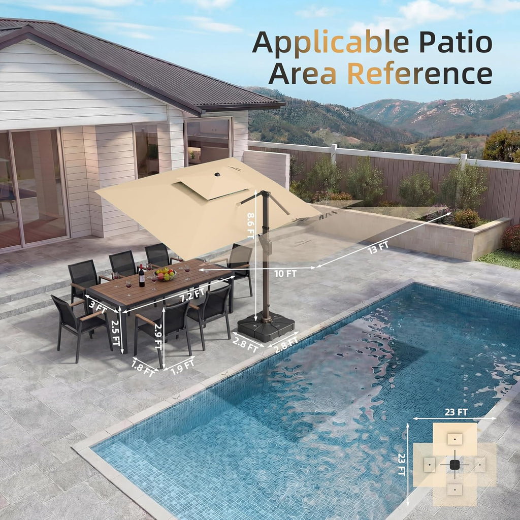 10 X 13 FT Cantilever Patio Umbrella with Base Included & Led Lights Outdoor Rectangle Offset Large Double Top Heavy - B