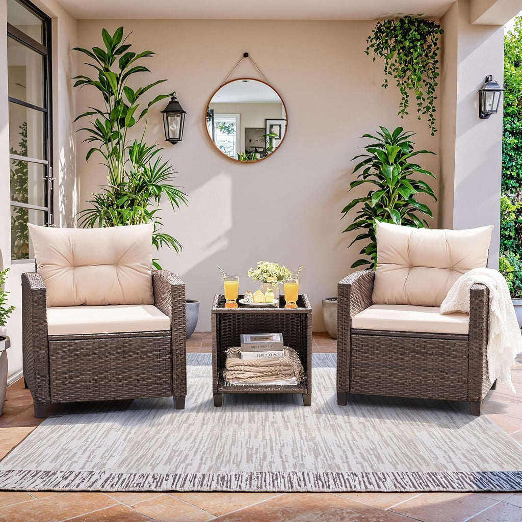 3 Pieces Patio Furniture Set, PE Rattan Wicker Patio Set with Two Outdoor Chairs and Table