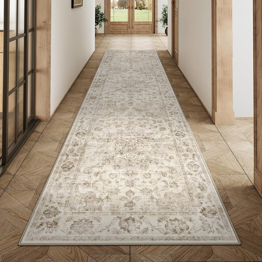 2x8 Washable Neutral Runner Rug Beige Vintage Hallway Kitchen Carpet Non-Slip Soft Low Pile Farmhous