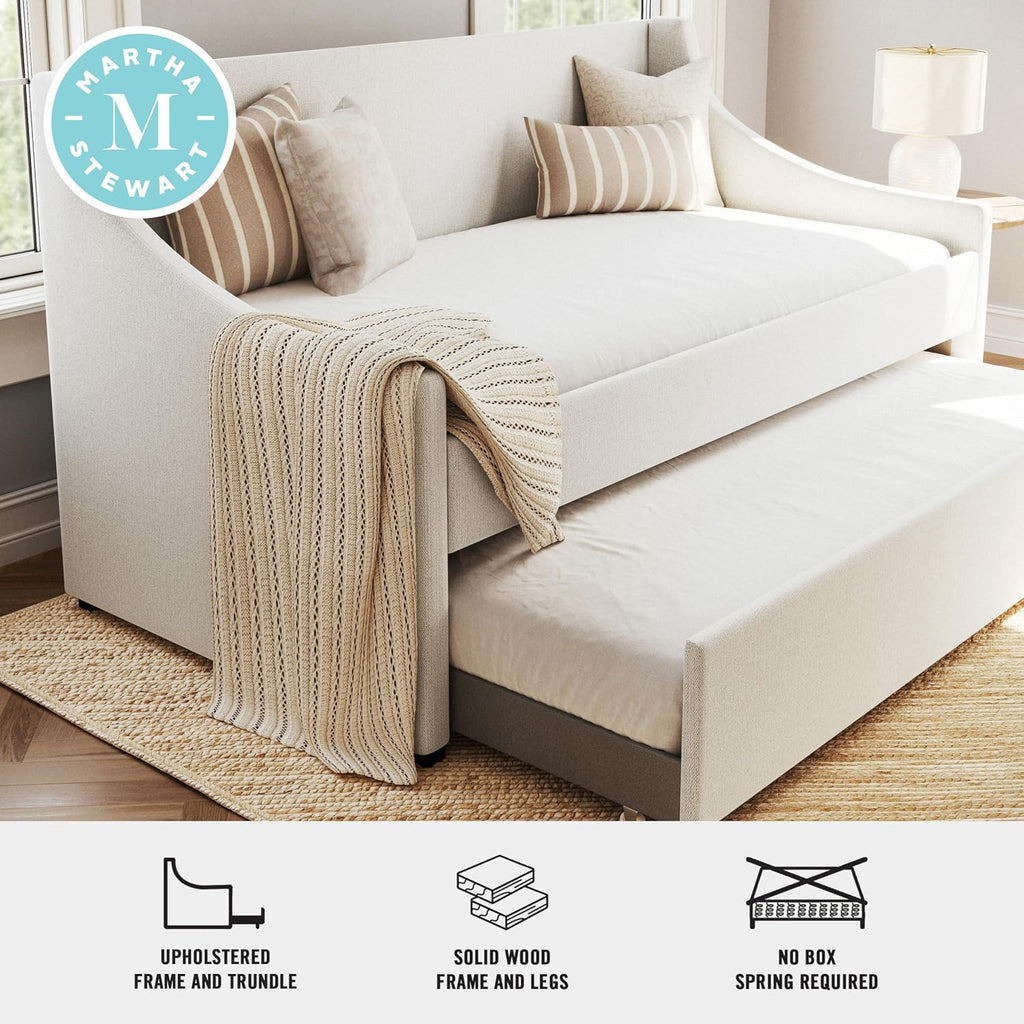 Simone Twin Upholstered Daybed with Trundle, Off-White | Pull-Out Trundle, Cushioned Headboard and Footboard, No Box