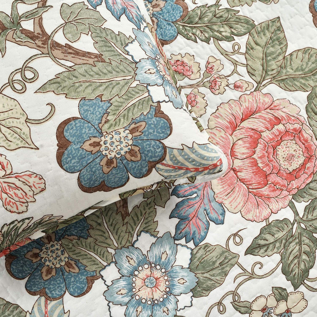 Reversible Cotton Quilt Set, 3 Piece Set, /, Green & Blue - Cotton Bedding Set - Blue Floral Quilt