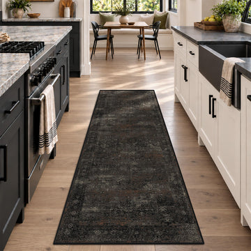 Black Kitchen Runner Rug Washable Non Slip, Volcanic Charcoal Stain Resistant Low Pile Rug with Lava Red Accents