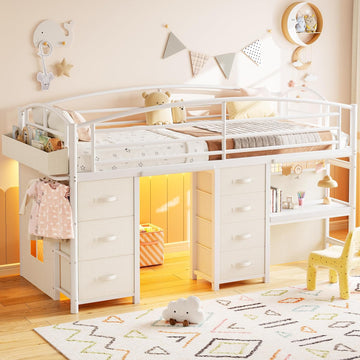 Low Loft Bed Twin with 7 Storage Drawers, Desk and LED Lights