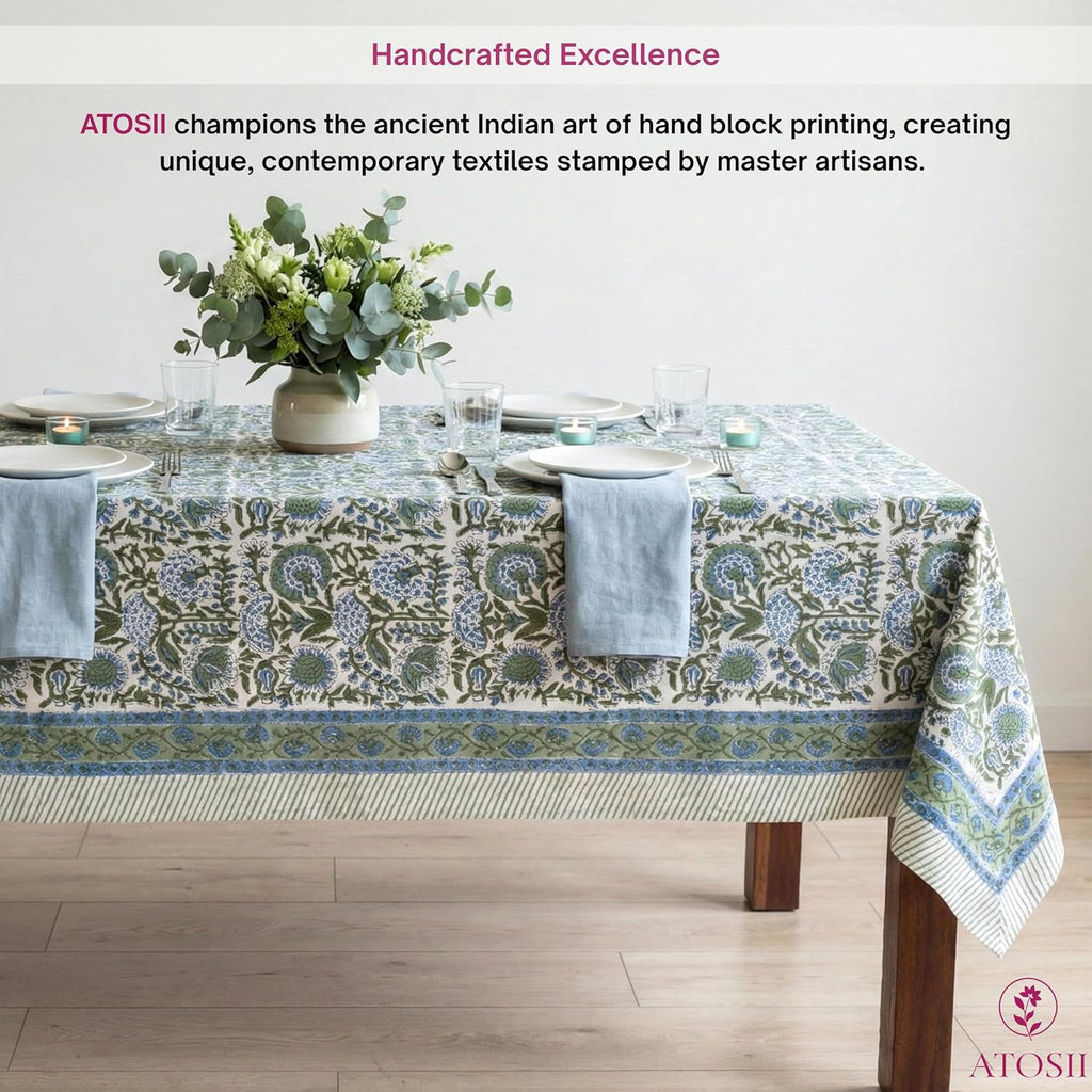 Clover Blue 100% Cotton Rectangle Fall Tablecloth, Handblock Floral Linen Table Cloth Dining Table I
