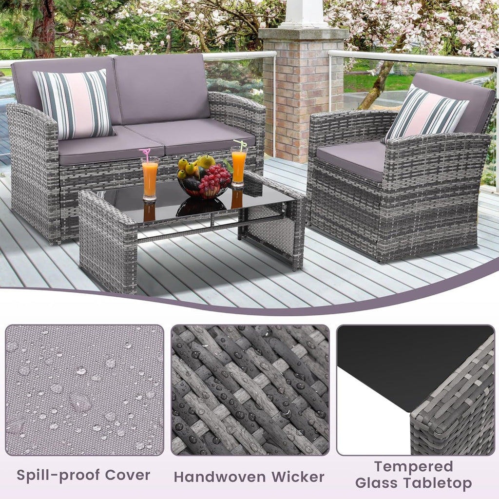 4-Piece Patio Furniture Set, Wicker Outdoor Rattan Sectional Sofa with Cushions and Glass Table