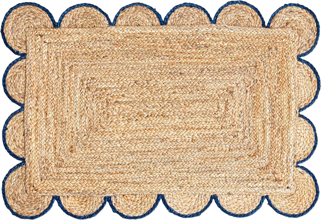 Scalloped Natural Jute Area Rug, Navy Trim, 2x3
