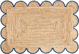 Scalloped Natural Jute Area Rug, Navy Trim, 2x3