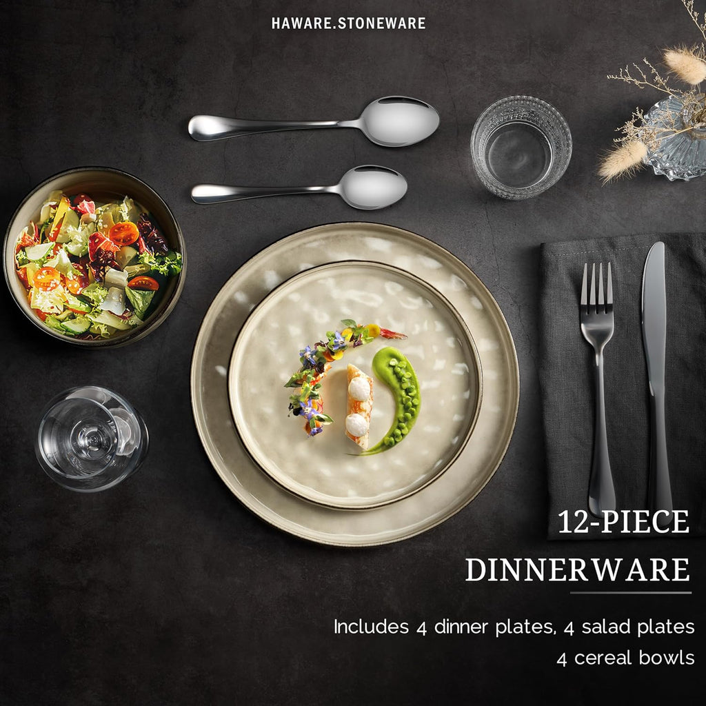 Dinnerware Sets, 12-Piece Plates and Bowls Set, Stoneware Dish Set for 4, Ceramic DinnerwareRestaurant