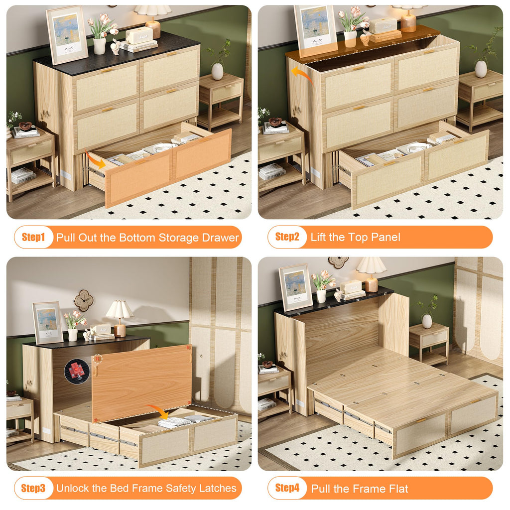 Queen Size Rattan Murphy Bed with Storage Drawer, 2 Charging Station, Boho, Hideaway Paltform Panel Bed for Small