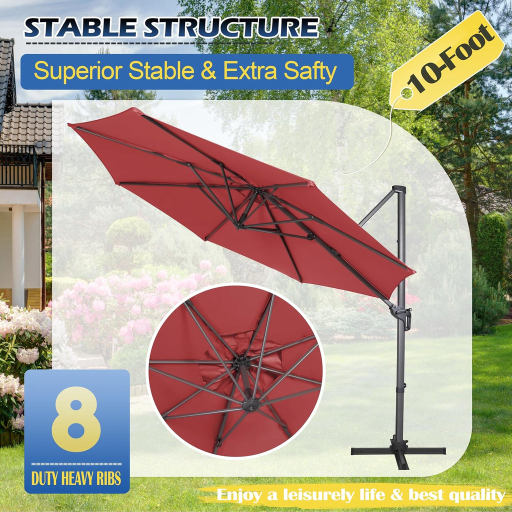 10Ft Cantilever Patio Umbrella, 360° Rotation & Integrated Tilting System Offset Umbrella with 8 Sturdy Ribs - Red