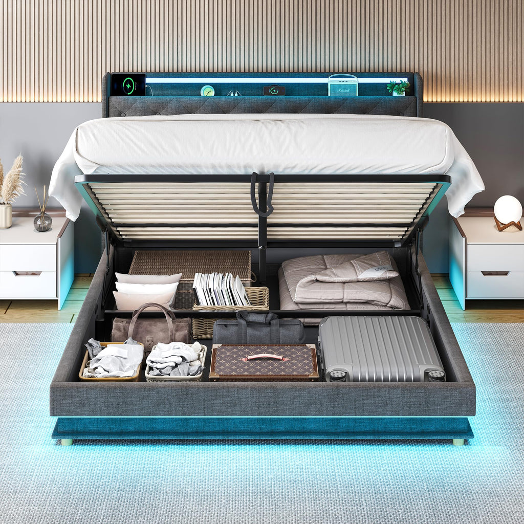 Full Size Bed Frame with Headboard, Lift Up Storage Bed Frame with Charging Station&Led Lights, Upholstered Platform