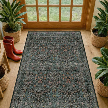 Vintage Floral Dark Green 3x5 Area Rugs Beside Rug, Laundry Room, Non-Slip Low Pile Ultra Soft Stain Resistant Small
