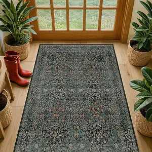 Vintage Floral Dark Green 3x5 Area Rugs Beside Rug, Laundry Room, Non-Slip Low Pile Ultra Soft Stain Resistant Small