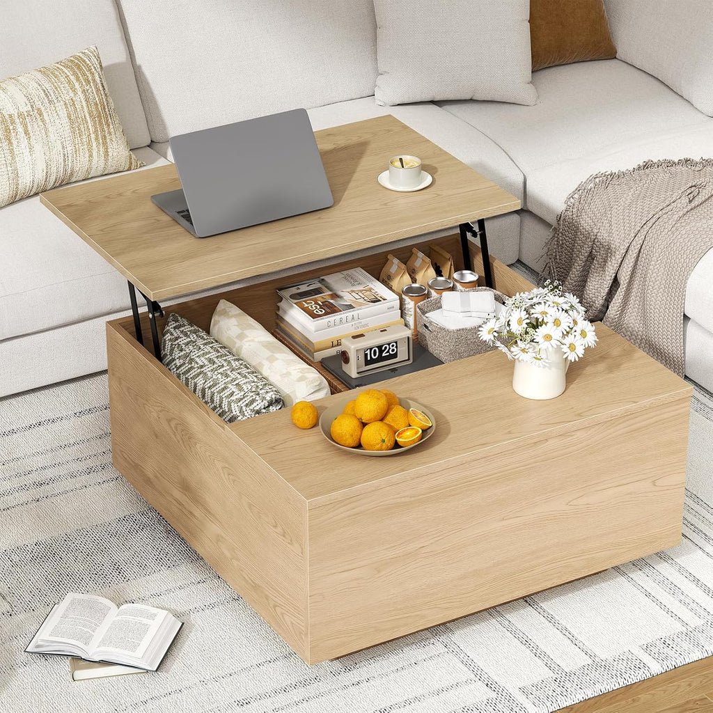 Lift Top Coffee Table, Wood Square Coffee Table with Storage, Farmhouse Coffee Tables with Hidden Storage Compartment