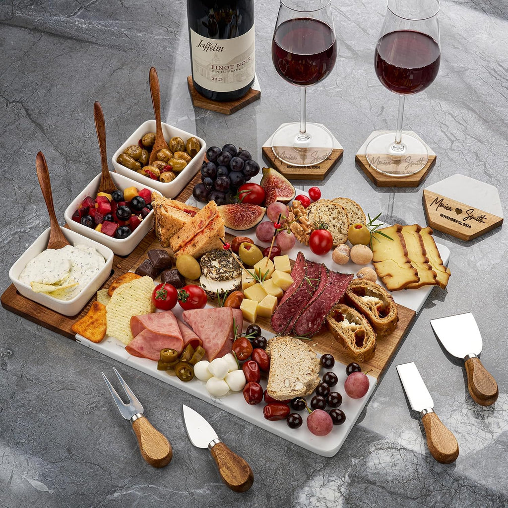 Personalized Acacia Wood & Marble Charcuterie Board - Custom Engraved Cheese Board with Knife Set - Perfect Wedding &
